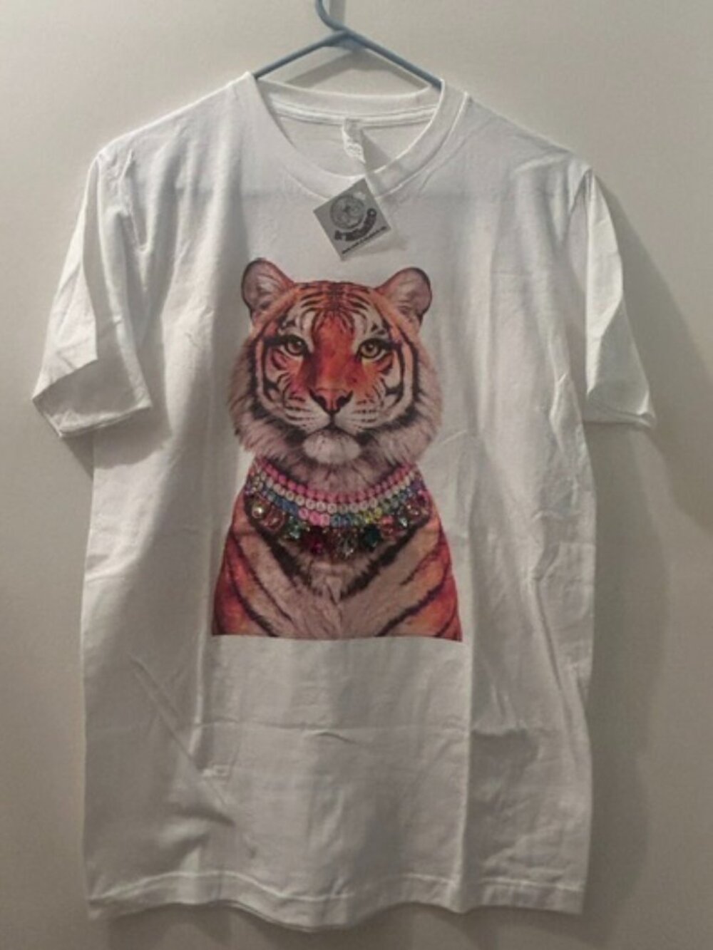 Bling-A-GoGo Blinged Out! Jeweled Collar Lush Cotton Tiger On White Crew Tee NWT